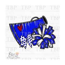 Cheer Design PNG, Cheer Megaphone and Pom Poms with Bow in Blue PNG, Cheer Sublimation PNG, Cheerleading design