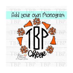 Cheer Design PNG, Orange Cheer Monogram Frame with Megaphone and Pom Poms PNG, Cheerleading design, Cheer sublimation de