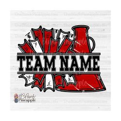 cheer design png, add your own name cheer megaphone and pom poms in red png, cheer sublimation png, cheerleading design