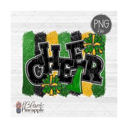 Cheer Design PNG, Glitter Brush Cheer in Green and Yellow with Pom Pom and Megaphone, Cheer sublimation design PNG, Chee