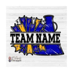 Cheer Design PNG, Add Your Own Name Cheer Megaphone and Pom Poms in Royal Blue and Yellow Gold PNG, Cheer Sublimation PN