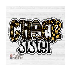 Cheer Design PNG, Doodle Cheer Sister in Black and Yellow Gold PNG, Cheer Sister sublimation design, Cheer sister shirt