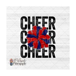 Cheer Design PNG, Distressed Cheer with Navy and Red Pom Pom PNG , Cheer sublimation design PNG, Cheerleading design