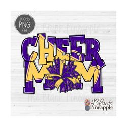 Cheer Design PNG, Cheer Mom Megaphone and pom Pom in Purple and Yellow PNG, 300dpi Cheer Mom shirt design, Cheer sublima