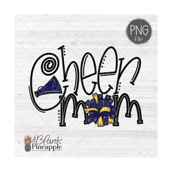 Cheer Design PNG, Cheer Mom Pom Pom and Megaphone in Navy Blue and Yellow PNG image, Cheer sublimation design, cheer shi