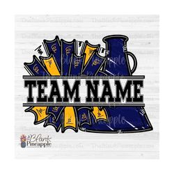 Cheer Design PNG, Add Your Own Name Cheer Megaphone and Pom Poms in Navy and Yellow Gold PNG, Cheer Sublimation PNG, Che