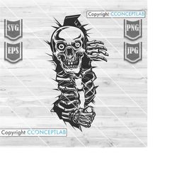 Peeking Skull Svg | Skeleton Clipart | Halloween Skeletal T-shirt Design png | Tear Off Skull Cut File | Scary dxf | Spo