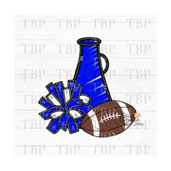 Cheer Design PNG, Cheer Football Megaphone and Pom Poms in Blue PNG 300dpi Clipart Sublimation Download Design Cheer dig