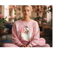 Retro Pink Santa Christmas Sweatshirt Gift for Her, Pink Christmas PJs Matching Family Pajamas Retro Christmas Shirt Vin