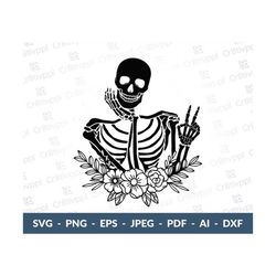 Floral Skeleton Peace Sign Svg, Human Skeleton Svg, Middle Finger Svg, skeleton svg,  Skeleton with Florals Svg, Peace S