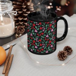 Seasonal Leaves and Berries Ceramic Mug  11 oz,  Black ceramic Christmas mug, Christmas decorations