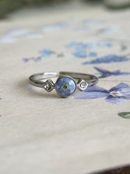 Adjustable ring, Pressed forget me not flower resizable ring, Silver stainless steel ring