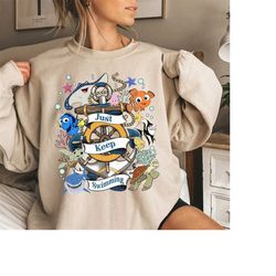 Vintage Disney Finding Nemo Characters Just Keep Swimming Sweatshirt, Retro Disney Pixar Finding Dory Shirt, Disney Fami
