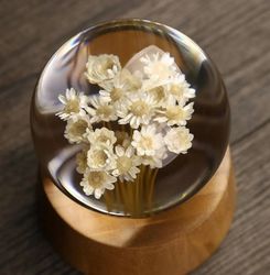 Decorative epoxy ball with Real flowers Inside Handmade on a stand gift