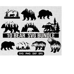 bear svg bundle, mountains pine trees grizzly bear svg, mama bear silhouette, snowy winter scene svg, forest, mama bear