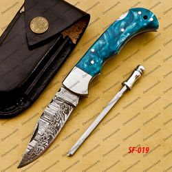 Customize Damascus Pocket Folding Knife Groomsmen Gifts Anniversary Gift Authentic with Sharping Rod