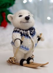 collectible felted bear, christmas decor, bear figurine, white bear toy, teddy bear, handmade wool toy, collectible toy