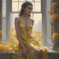 Digital Art, Illustration. The Girl By The Window, Yellow 1. Hyper-detailed painting. Digital Download!