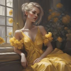 Digital Art, Illustration. The Girl By The Window, Yellow 2. Hyper-detailed painting. Digital Download!