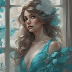 Digital Art, Illustration. The Girl By The Window, Turquoise 1. Hyper-detailed painting. Digital Download!