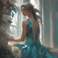 Digital Art, Illustration. The Girl By The Window, Turquoise 2. Hyper-detailed painting. Digital Download!