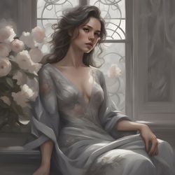 Digital Art, Illustration. The Girl By The Window, Silver 1. Hyper-detailed painting. Digital Download!