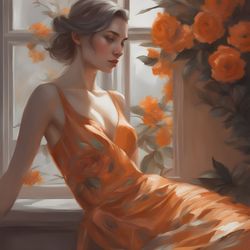 Digital Art, Illustration. The Girl By The Window, Orange. Hyper-detailed painting. Digital Download!