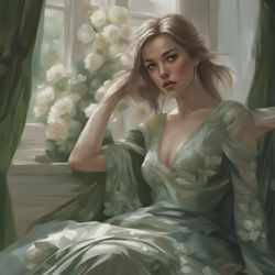 Digital Art, Illustration. The Girl By The Window, Green. Hyper-detailed painting. Digital Download!