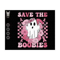 Save The Boobies Svg, Boo Svg, Cute Halloween Svg, Ghost Svg, Breast Cancer Svg, Pink Awareness Ribbon Svg, Checkered Sv