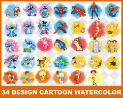 34 Designs Cartoon Watercolor Png,Mega Bundle Spiderman Png, Disney Png