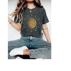 Boho Sun Shirt, Comfort Colors Shirt, Gold Celestial Moon TShirt, Zodiac Astrology Yoga T-Shirt, Women's Vintage Graphic