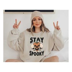 Retro Stay Spooky Sweatshirt, Halloween Skeleton Sweater, Creepy Pumpkin Halloween Gift