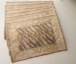 Christmas place mats, christmas table decor, set of 6 beige and gold quilted holiday placemats, vintage style table mats
