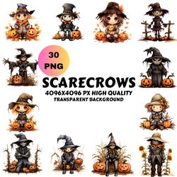 Scarecrow Clipart Halloween, Themed Pumpkin Patch Haunted Field Graphics Evil Scary Harvest Reaper PNG Bundle Commercial