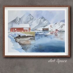 original watercolor painting "scandinavian landscape", blue picture, for office,housewarming gift, hallway decor