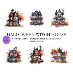 23 PNG Watercolor Halloween Witch Houses Clipart - autumn cute little houses PNG format instant download for commercial