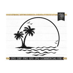Palm Tree SVG Circle Monogram Frame Cut File for Cricut, Ocean Waves, Tropical Vacation Beach Circle Frame, vinyl decal