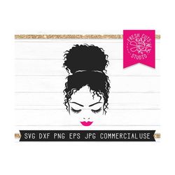 Afro Bun SVG Face Cut File for Cricut, Eyelashes and Lips svg, Messy Bun Svg, Curly Hair SVG Bun, Pretty Girl Svg, Red L
