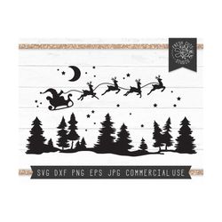 Christmas Night SVG, Santa Sleigh SVG, Reindeer Silhouette, Starry Night Forest Svg, Pine Trees Svg, Santa Silhouette, M