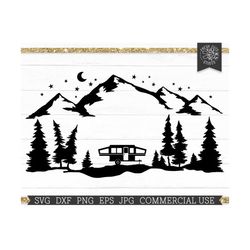 Popup Camper Trailer SVG Forest Scene Cut File for Cricut, Pine Tree Mountains Silhouette SVG File, dxf png eps, Pop Up