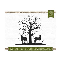 Deer SVG Tree Cut File for Cricut, Deer Silhouette, Doe, Buck svg, Snowy Deer Scene, Moon and Stars, Wilderness svg, Adv