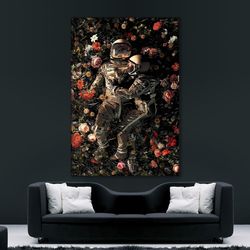 Nasa Astronaut Couple Canvas, Nasa Astronaut Love in Space Rolled Canvas Wall, Flowers and Astronauts Poster, bedroom de