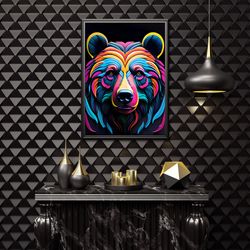 colorful bear head digital wall art, 3d colorful bear design, colorful unique bear design home decoration