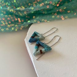 Blue sage triangular beaded earrings with rhodium plated chain ear wire, high quality unique handwoven jewelry gift