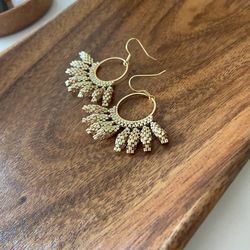 Beaded hoops earrings with gold pelals, flowers earrings, high quality unique handwoven jewelry, boho western festival e