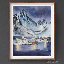 original watercolor painting "scandinavian landscape", snowy peak.decoration for office,housewarming gift, hallway decor