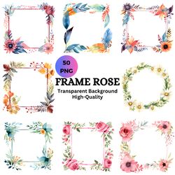 50 roses frame Watercolor, Floral Frame Clipart. Watercolor Floral Border. Corner Floral Bouquet Greenery Frame, Rose