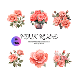 19 PNG Watercolor Pink Roses Clipart - pastel roses and leaves in PNG format instant download for commercial use