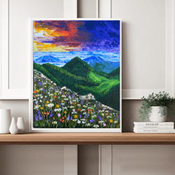 Original acrylic art mountain painting, handcrafted art landscape canvas, bright colors art sunset art, acrylic painting