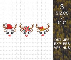reindeer with santa hat embroidery machine design, christmas reindeer faces embroidery design, bright xmas embroidery ma